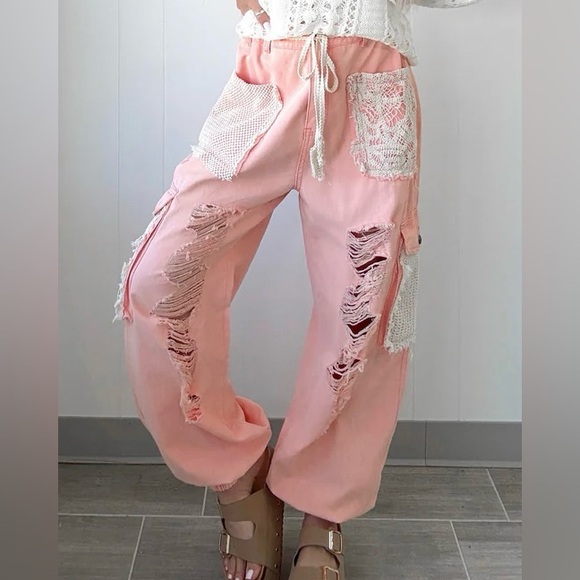 POL Clothing Peach Patchwork Crochet Lace Drawstring Distressed Jogger - Picture 2 of 10